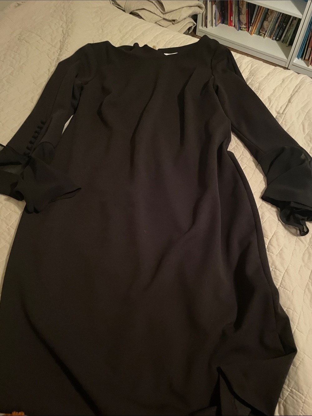 Calvin Klein Black Long-Sleeve Shift Dress with Button Cuffs nothing wrong